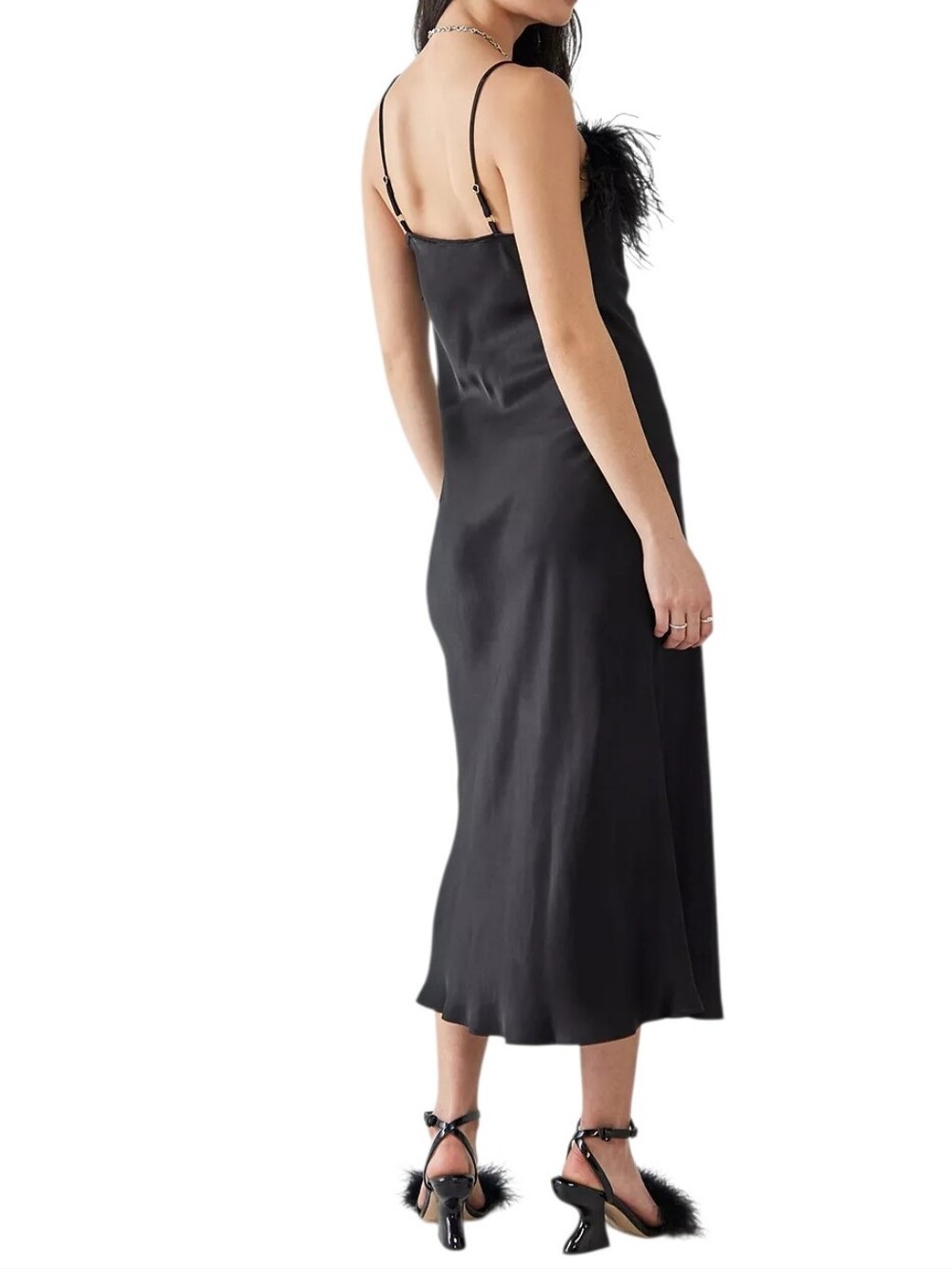 Sleeper Boheme Satin Midi Slip Dress Black Ostrich Feather Trim - Picture 3 of 12